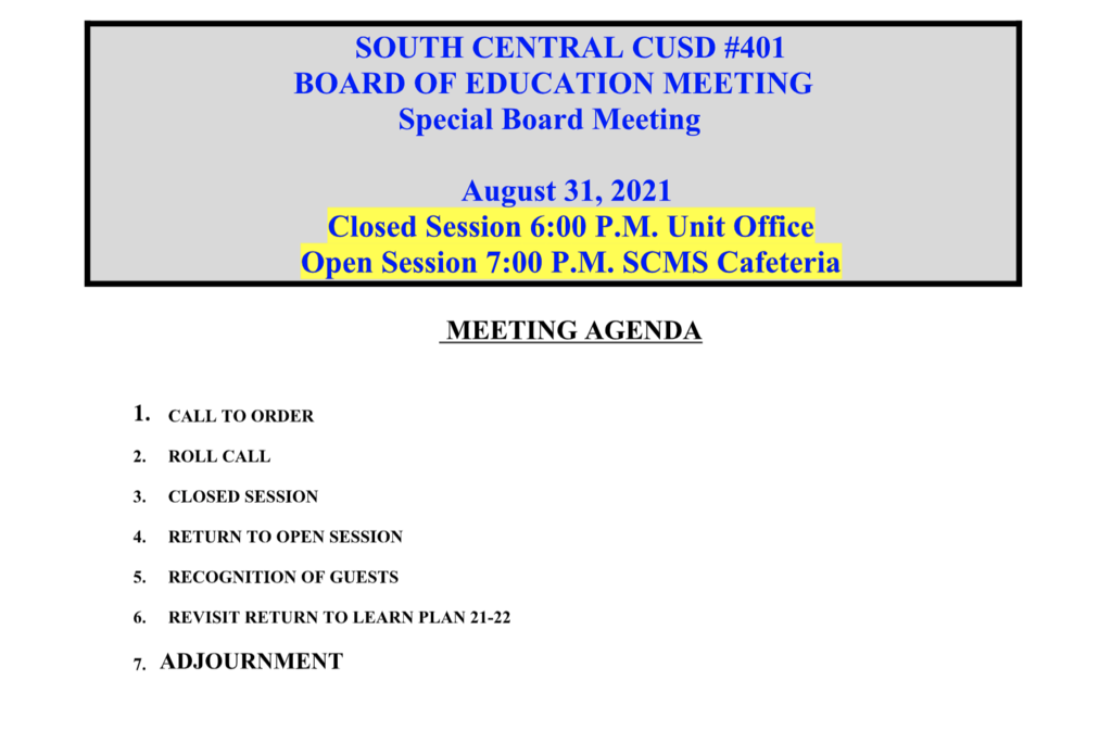 Special Board Meeting 8/31/21