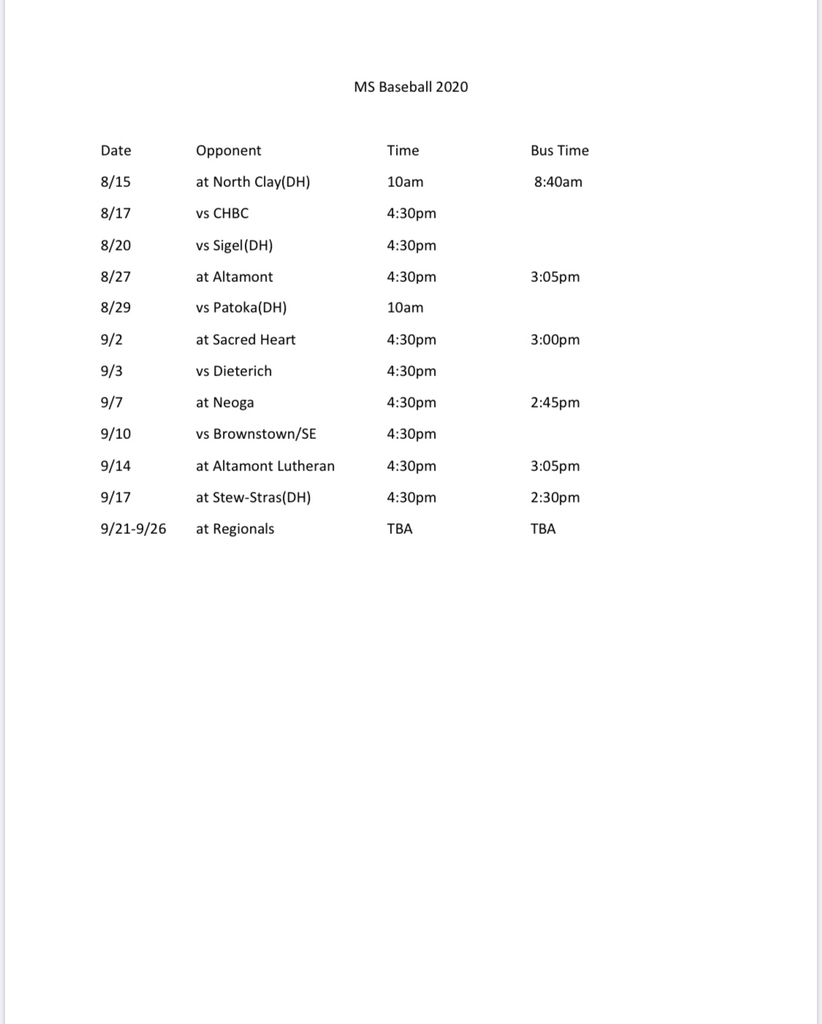 SCMS Baseball Schedule